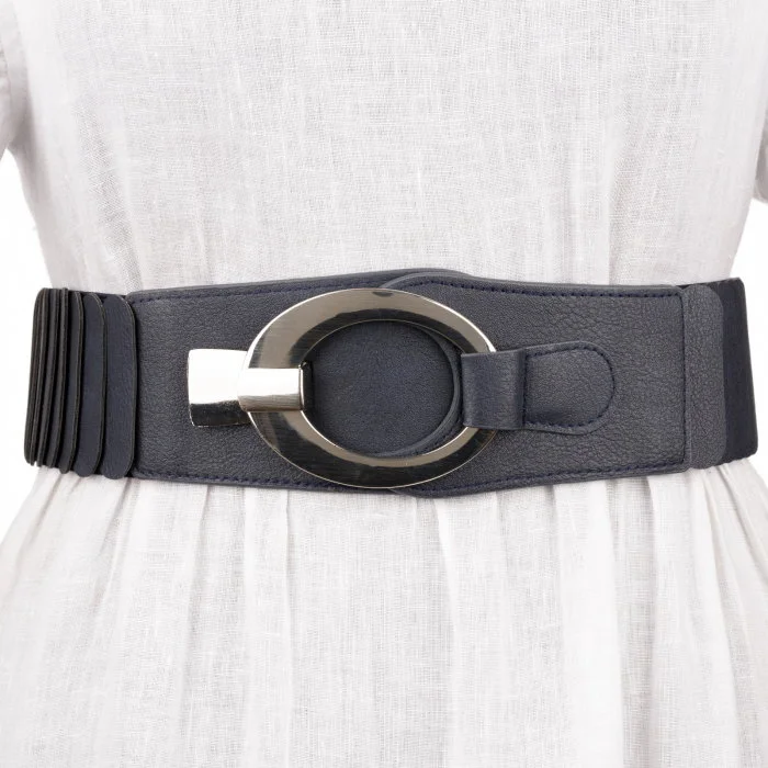 Curea elastica cu solzi din piele ecologica bleumarin de 6 cm latime cu catarama ovala argintie