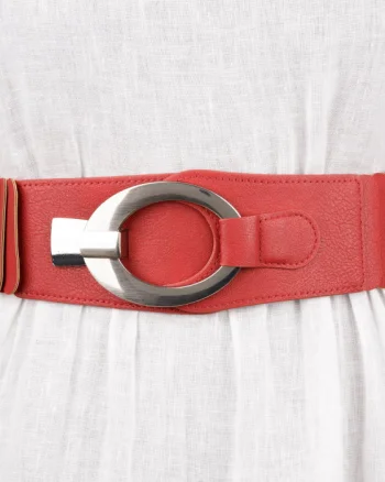Curea elastica cu solzi din piele ecologica rosie de 6 cm latime cu catarama ovala argintie