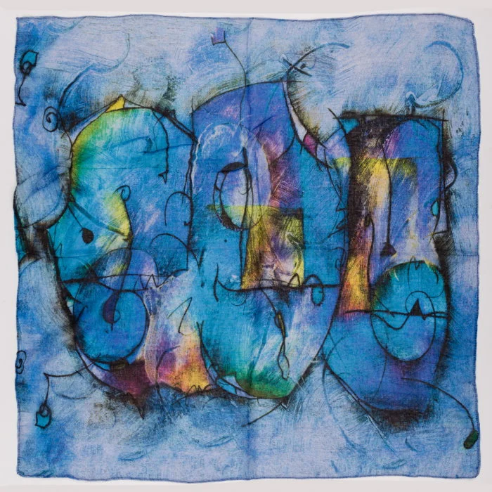Esarfa tip batic din bumbac,  cu imprimeu grafic abstract pe fond bleu