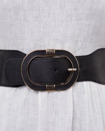 Curea elastica neagra cu catarama ovala si decoratiune aurie