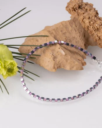 Bratara argint subtire din cuburi de hematit argintiu si rodonit 1.5mm