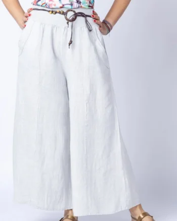 Fusta pantalon alba, casual, din in, cu o curea fancy