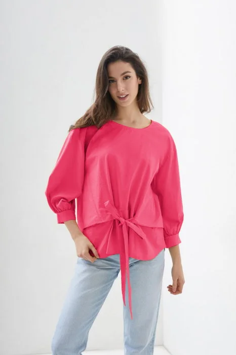 Camasa roz fucsia din poplin de bumbac cu funda in fata