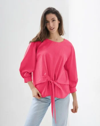 Camasa roz fucsia din poplin de bumbac cu funda in fata