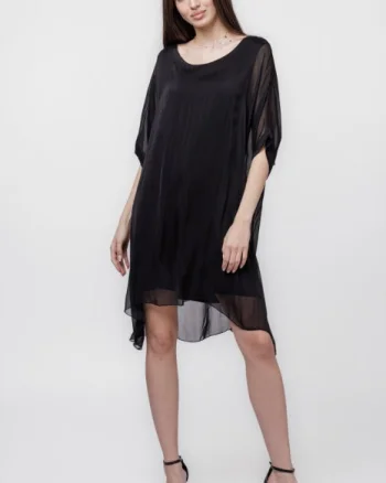 Rochie midi, dreapta, din matase si vascoza, cu funda pe spate, neagra