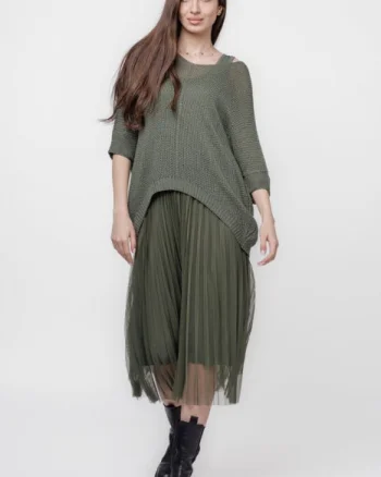 Rochie suprapusa cu puloveras si tulle plisat, kaki