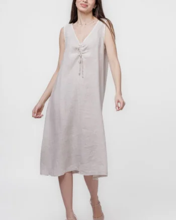 Rochie A-line din in, fara maneci, cu siret pe bust, bej