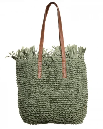 Geanta shopper impletita cu manere din piele ecologica si franjuri decorativi in partea de sus, verde prafuit