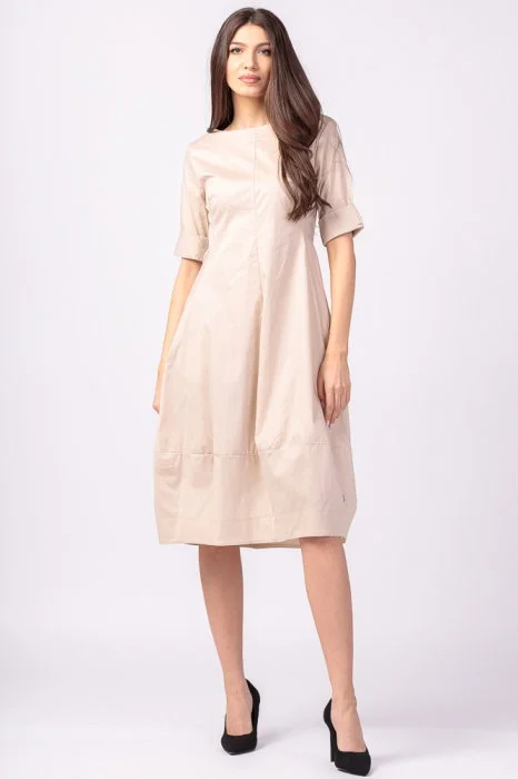 Rochie bej, lalea, cambrata, cu fermoar, din poplin de bumbac
