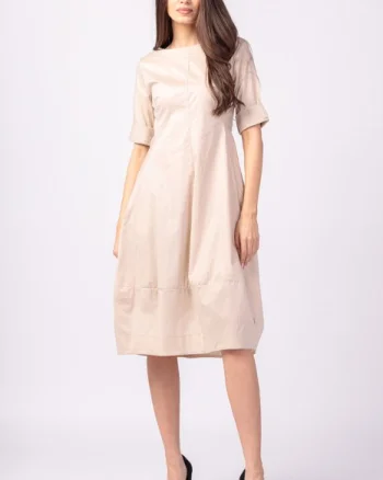 Rochie bej, lalea, cambrata, cu fermoar, din poplin de bumbac