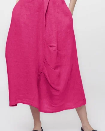 Fusta lunga din in, cu falduri, fucsia