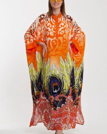 Rochie camasa oversize cu imprimeu paun, portocalie