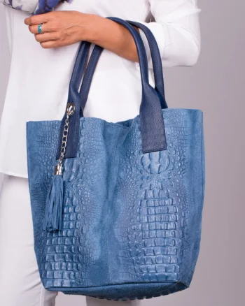 Geanta shopper albastra din piele intoarsa naturala