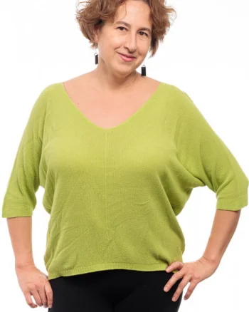 Bluza fin tricotata bob de orez, cu maneca fluture 3 4, verde deschis