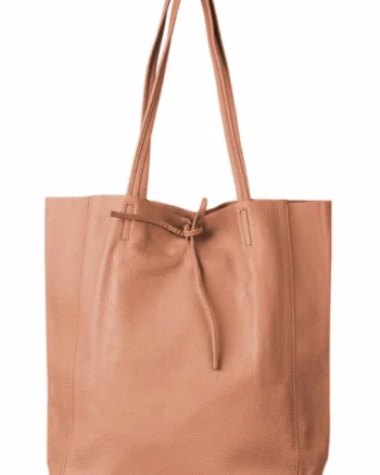 Geanta shopper din piele naturala, roz somon inchis