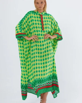Rochie camasa oversize cu imprimeu geometric, cu romburi galbene