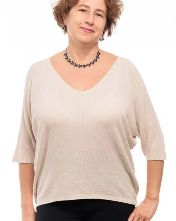 Bluza fin tricotata bob de orez, cu maneca fluture 3 4, bej