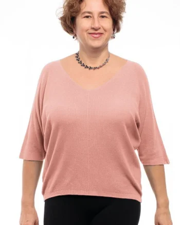 Bluza fin tricotata bob de orez, cu maneca fluture 3 4, roz pastel