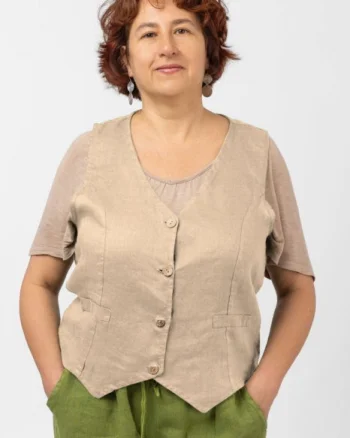 Vesta trendy din in cu colturi si nasturi de lemn, bej