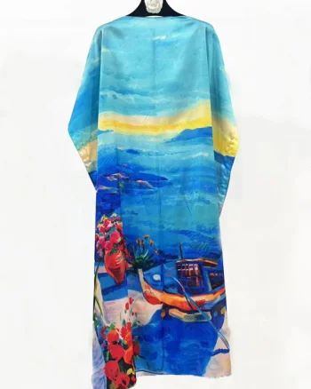 Rochie de plaja lunga tip poncho din matase cu peisaj marin pe fond albastru