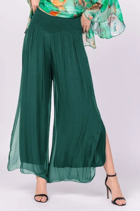 Pantaloni verde inchis din matase si vascoza, cu crapaturi laterale