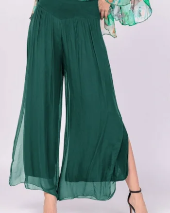 Pantaloni verde inchis din matase si vascoza, cu crapaturi laterale