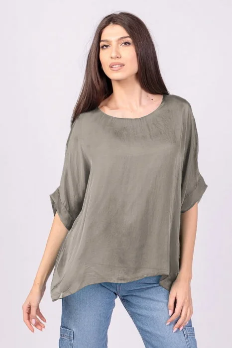 Bluza din matase si vascoza bej inchis, cu funda pe spate