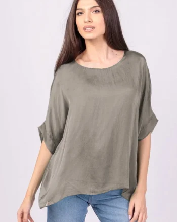 Bluza din matase si vascoza bej inchis, cu funda pe spate