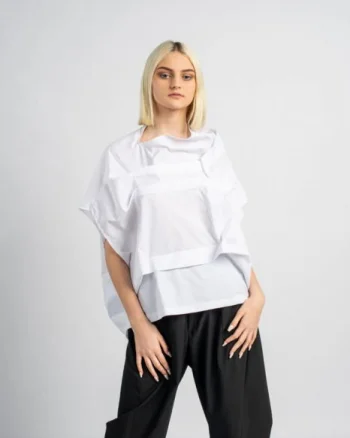 Bluza alba asimetrica, extravaganta, din bumbac satinat