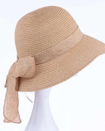 Palarie de paie impletita cu decoratiune funda, camel