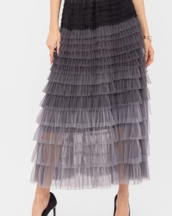 Fusta maxi din tulle, cu volane suprapuse, in degrade gri-negru
