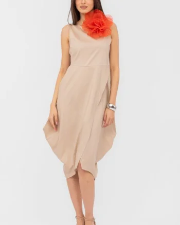 Rochie din poplin de bumbac petrecuta, cu colturi laterale, bej