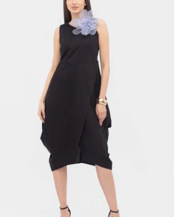 Rochie din poplin de bumbac petrecuta, cu colturi laterale, neagra