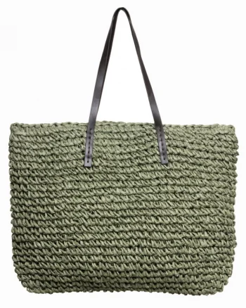 Geanta shopper impletita cu ochiuri mari si manere din piele ecologica, verde prafuit