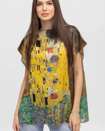 Bluza de vara tip poncho din matase cu reproducere dupa   Sarutul    de Gustav Klimt