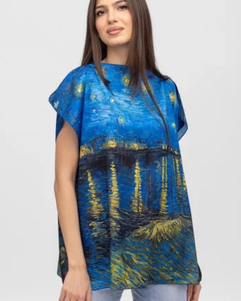 Bluza de vara tip poncho din matase cu reproducere dupa    Noapte Instelata deasupra Rhonului   de Claude Monet