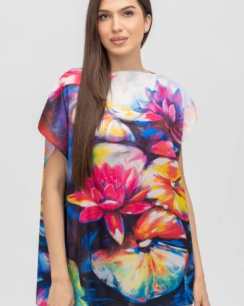 Bluza de vara tip poncho din matase imprimata cu reproducere dupa picturi celebre cu nuferi mari