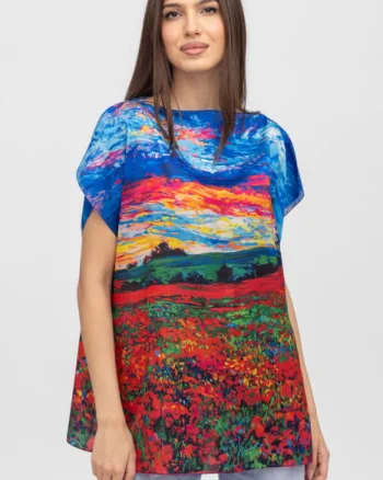 Bluza de vara tip poncho din matase imprimata cu reproduceri dupa picturi celebre cu motive florale