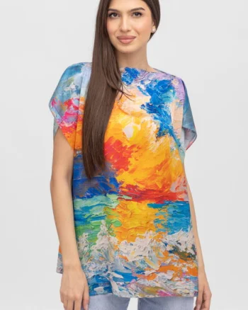 Bluza de vara tip poncho din matase imprimata cu reproduceri dupa picturi celebre