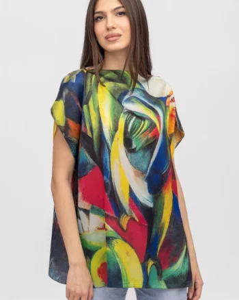 Bluza de vara tip poncho din matase cu imprimeu abstract