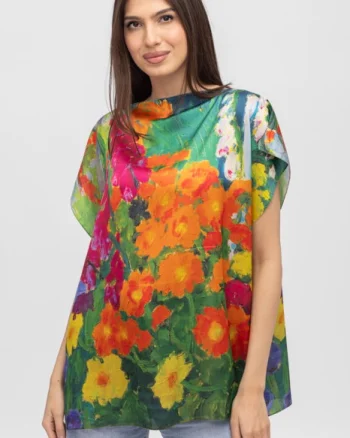 Bluza de vara tip poncho din matase cu imprimeu flori rosii