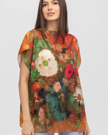 Bluza de vara tip poncho din matase cu imprimeu floral pictural
