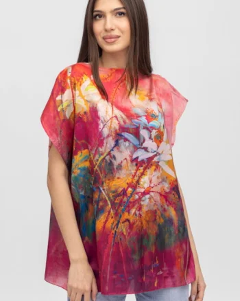 Bluza de vara tip poncho din matase cu imprimeu abstract