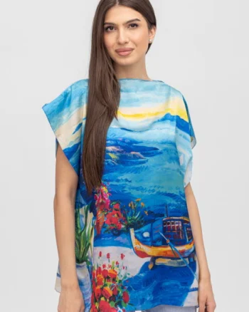 Bluza de vara tip poncho din matase cu imprimeu marin cu barca