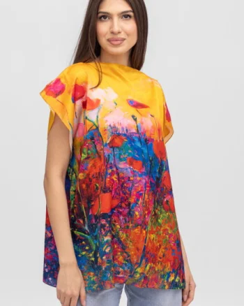 Bluza de vara tip poncho din matase cu imprimeu maci rosii