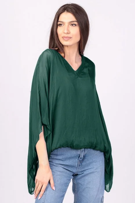 Bluza din matase si vascoza verde inchis, cu decolteu in V in fata si pe spate