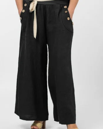 Pantaloni largi de vara, din in, cu nasturi din lemn la buzunare, negri