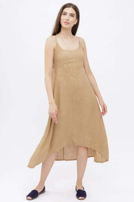 Rochie din in, cu bretele reglabile si elastic la spate, camel