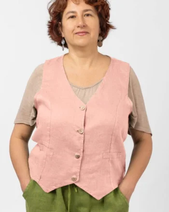 Vesta trendy din in cu colturi si nasturi de lemn, roz