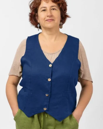 Vesta trendy din in cu colturi si nasturi de lemn, albastru electric
